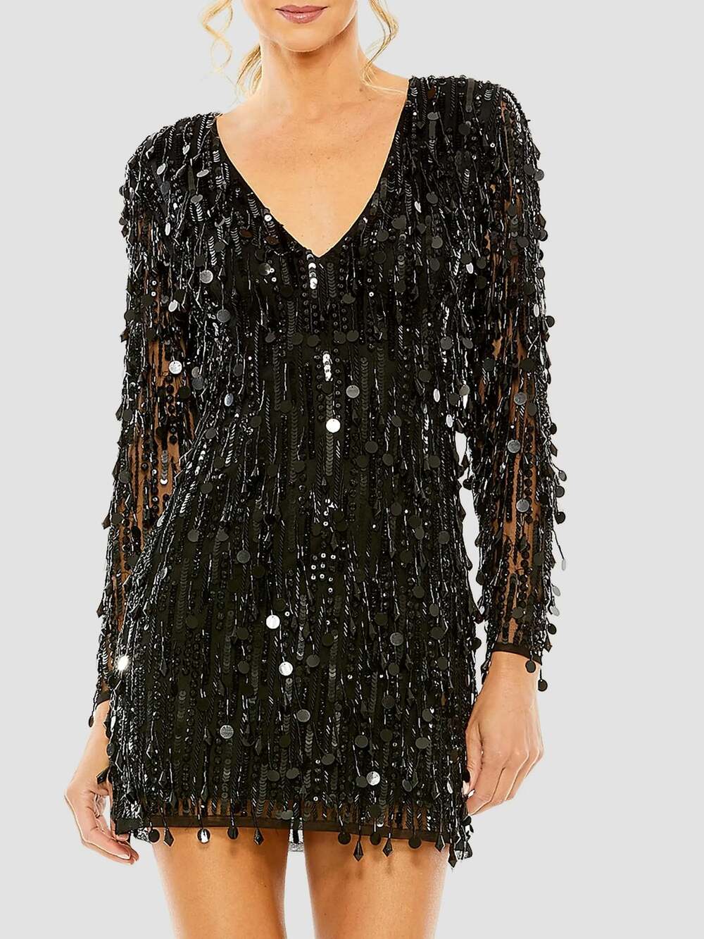 Mac Duggal Sheer Sleeve Fringes Cocktail Dress Black Size 4 NWT